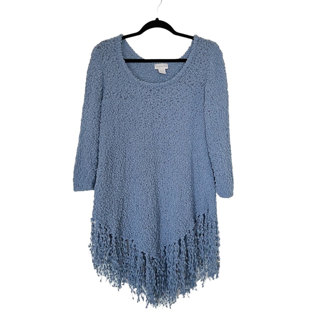 Soft Surroundings Popcorn Knit Fringe Tunic Sweater Blue Boho Medium